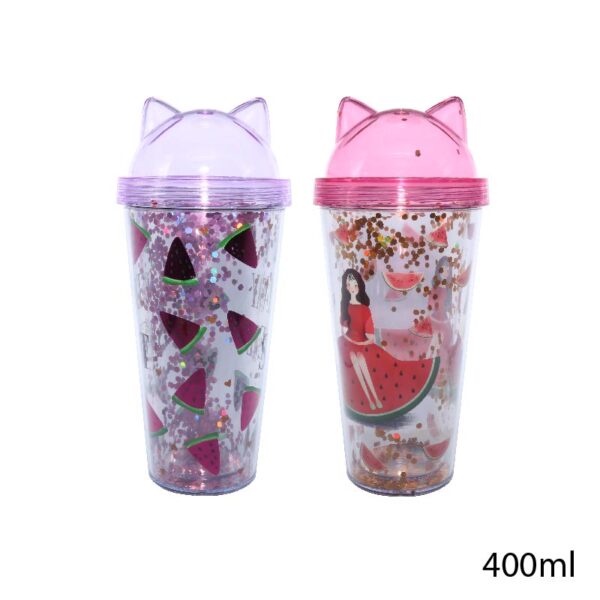 VASO GLITTER OREJAS DE GATO CON BOMBILLA INCLUIDA - 400 ML