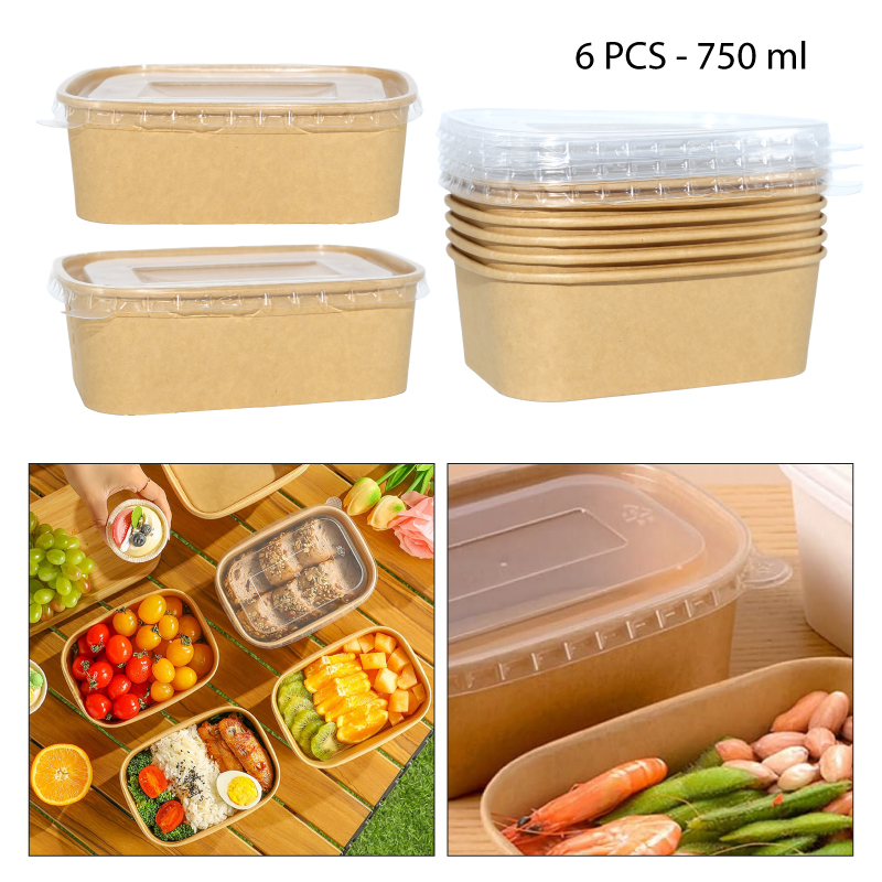 SET 6 RECIPIENTES KRAFT CON TAPA PLÁSTICA - 750 ML
