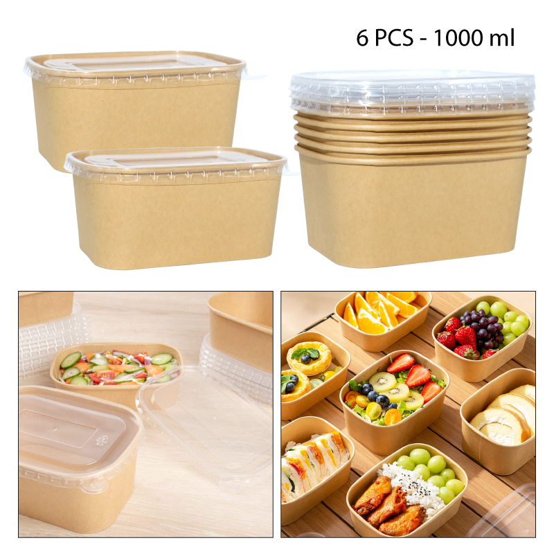 SET 6 RECIPIENTES KRAFT CON TAPA PLÁSTICA - 1000 ML