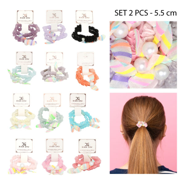 SET 2 COLETS ELÁSTICOS DE TUL Y PERLAS PARA CABELLO - ARCOIRIS