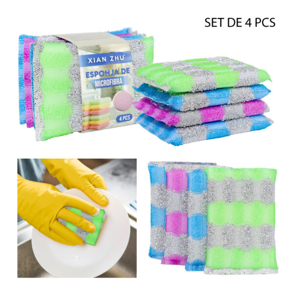 SET 4 ESPONJAS BICOLOR, DE MICROFIBRA PARA LAVAR PLATOS