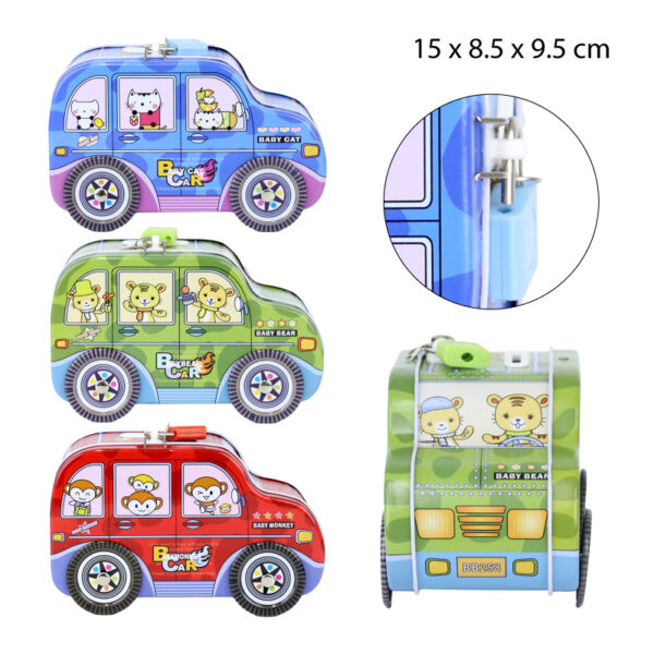 ALCANCIA METÁLICA CON CANDADO Y DISEÑO DE AUTO
