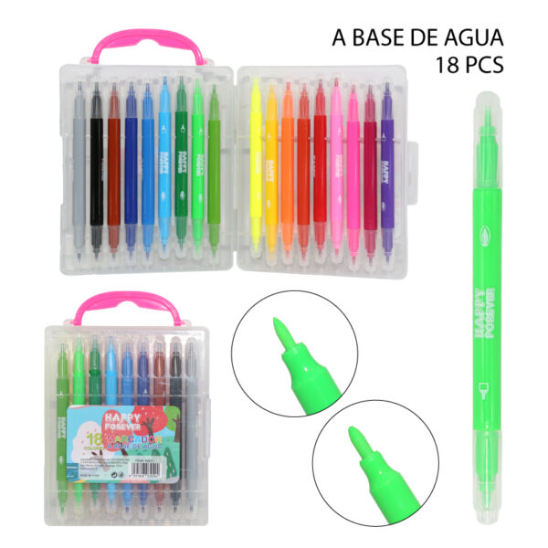 SET 18 DE MARCADORES DOBLE PUNTA A BASE DE AGUA