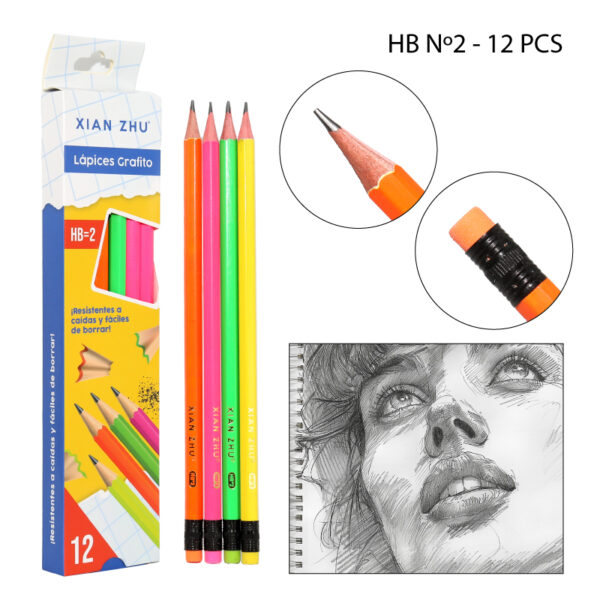 SET DE 12 LÁPICES GRAFITO DISEÑO FLUORESCENTE - HB Nº2