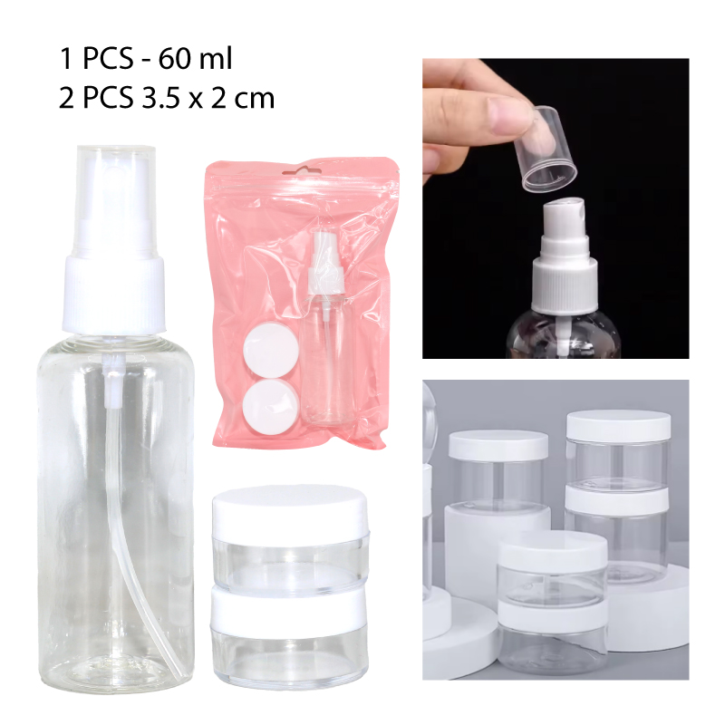 BOTELLA DE PLÁSTICO SPRAY RECARGABLE 60 ML + 2 FRASCOS PEQUEÑOS