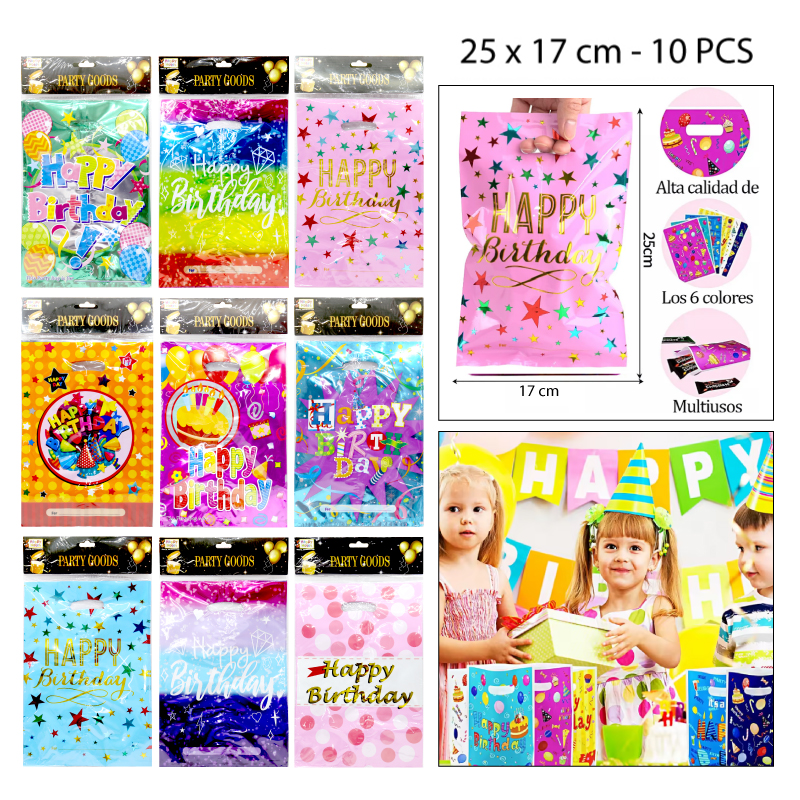 SETS DE 10 BOLSAS DE CUMPLEAÑOS METALIZADAS