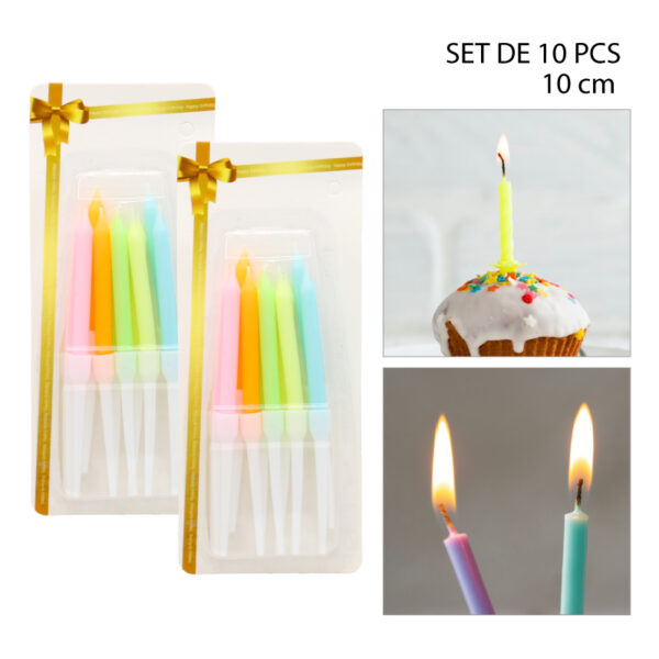 SET 10 VELAS PARA CUMPLEAÑOS DE COLORES - 10 CM