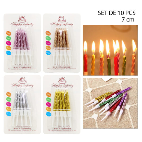 SET 10 VELAS PARA CUMPLEAÑOS ESPIRAL - 7 CM