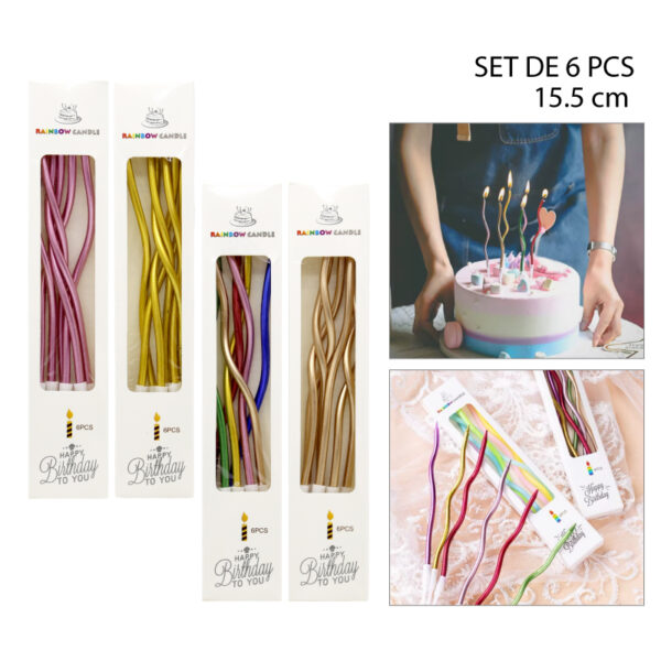 SET 6 VELAS LARGAS Y CURVAS PARA CUMPLEAÑOS - 15.5 CM