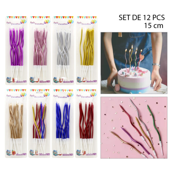 SET 12 VELAS LARGAS Y CURVAS PARA CUMPLEAÑOS - 15 CM