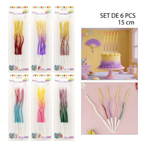 SET 6 VELAS LARGAS Y CURVAS BICOLOR PARA CUMPLEAÑOS - 15 CM