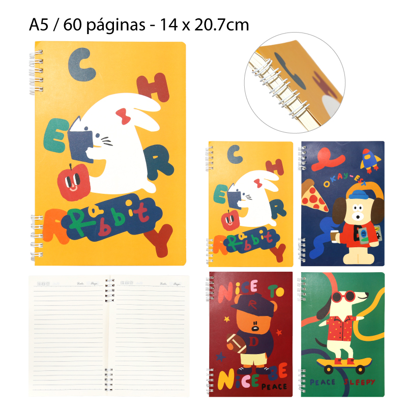 LIBRETA PORTADA DE ANIMALES - A5 / 60 HOJAS