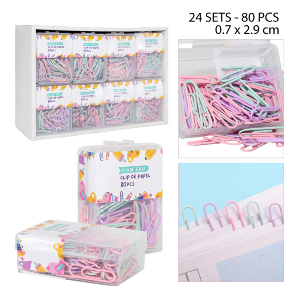 SETS DE 80 CLIPS DE COLORES PASTEL PARA PAPEL - 2.9 CM