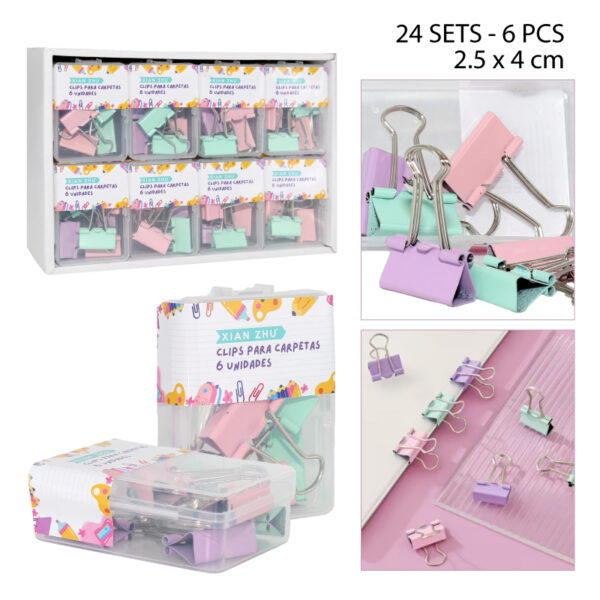 SETS DE 6 CLIPS PARA CARPETAS COLORES PASTEL - 4 CM