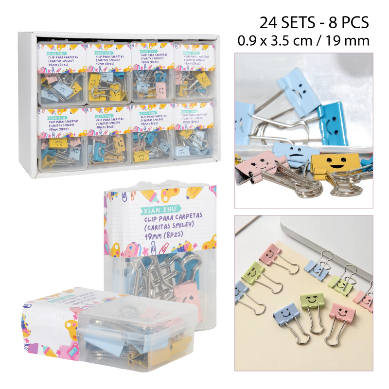 SETS DE 8 CLIPS PARA CARPETAS CON CARITAS - 3.5 CM / 19 MM