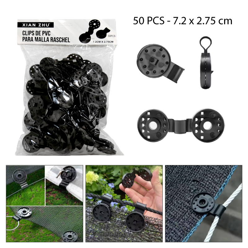 CLIPS DE PVC PEQUEÑOS PARA MALLA RASCHEL - SET DE 50 PCS