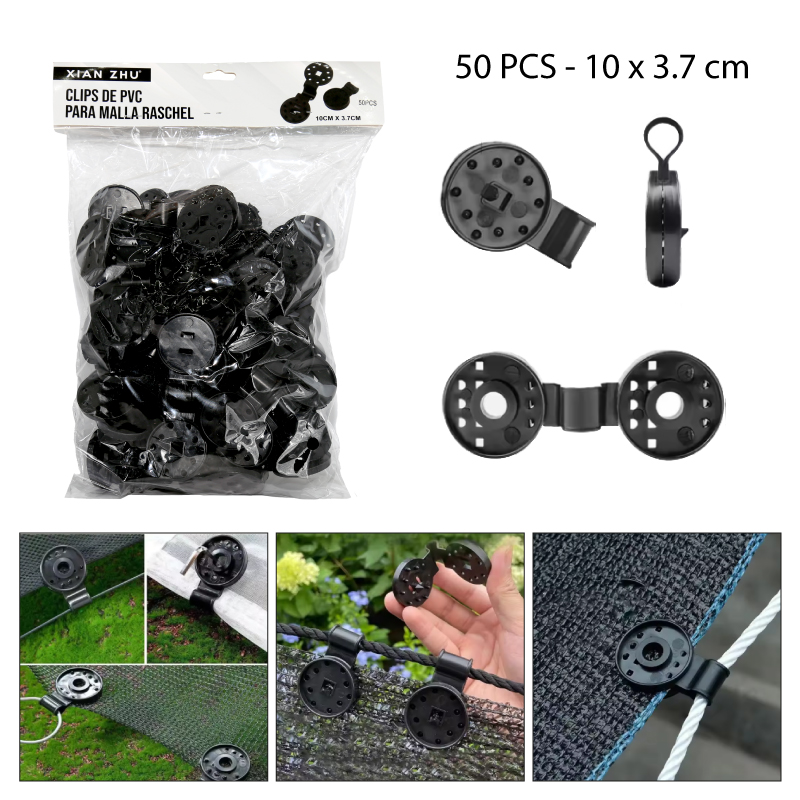 CLIPS DE PVC GRANDES PARA MALLA RASCHEL - SET DE 50 PCS