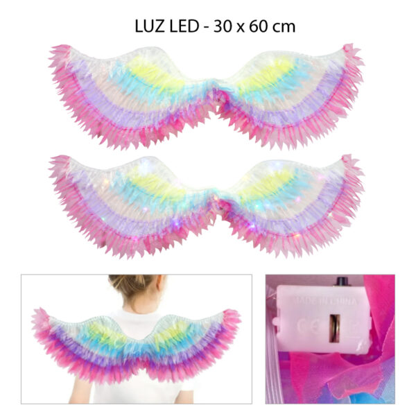 DISFRAZ ALAS DE ÁNGEL ARCOIRIS CON LUCES DE COLORES - 30 X 60 CM