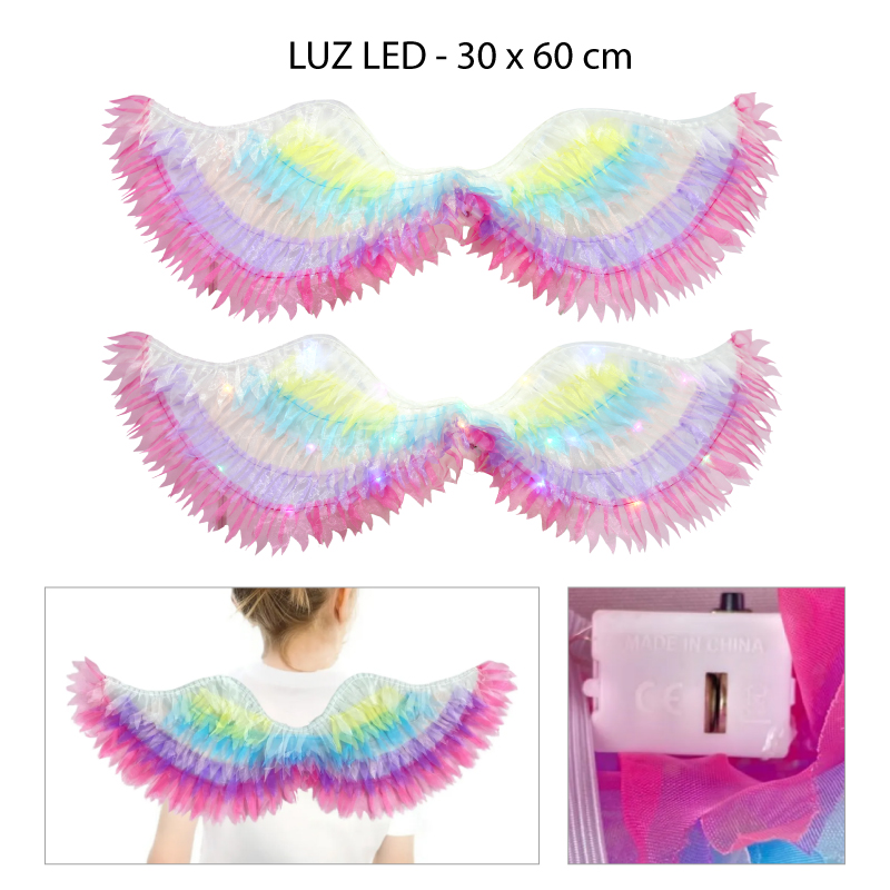 DISFRAZ ALAS DE ÁNGEL ARCOIRIS CON LUCES DE COLORES - 30 X 60 CM