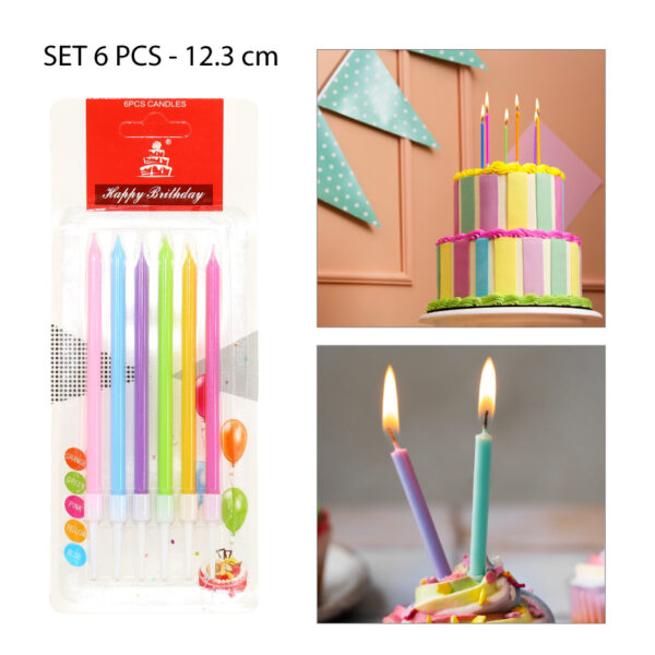 SET DE 6 VELAS DELGADAS DE CUMPLEAÑOS DE COLORES - 12.3 CM