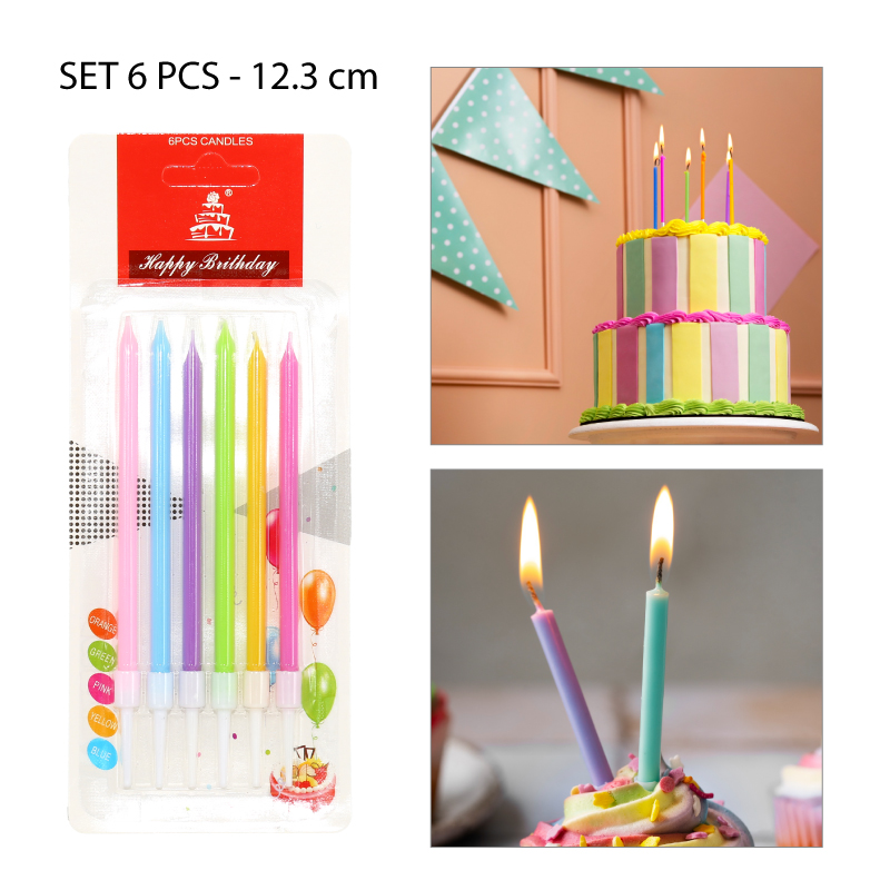 SET DE 6 VELAS DELGADAS DE CUMPLEAÑOS DE COLORES - 12.3 CM