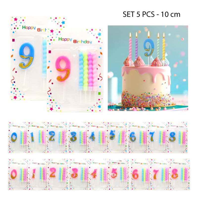 SET DE 5 VELAS NUMERADAS DE CUMPLEAÑOS - 10 CM