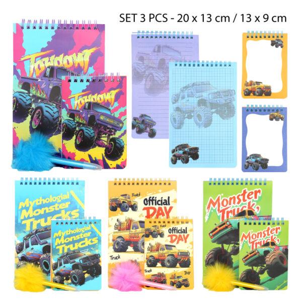 SET DE 2 LIBRETAS ESPIRAL CON DISEÑOS "MONSTER TRUCK"
