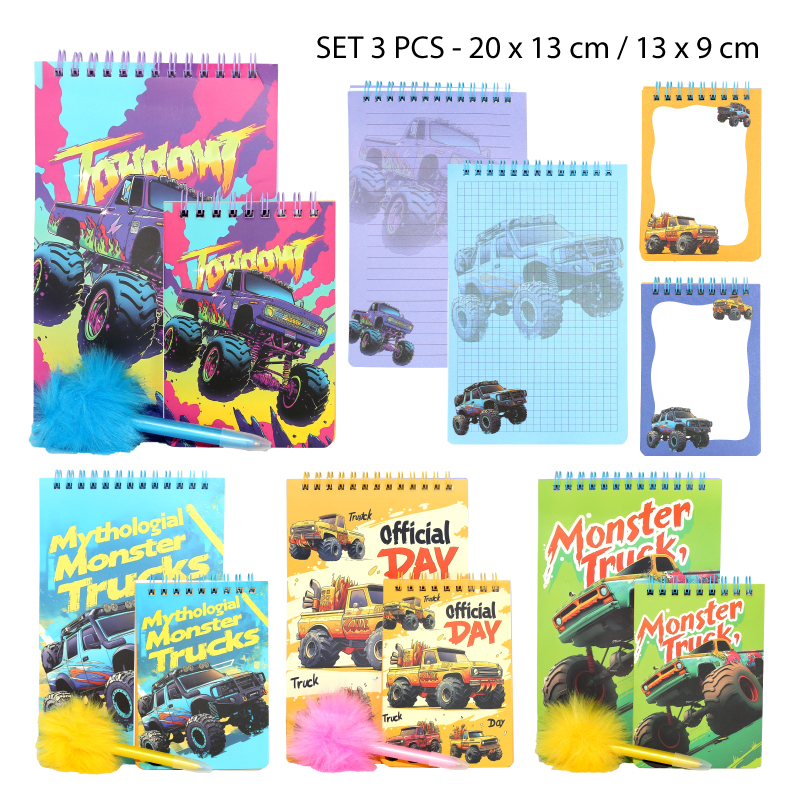 SET DE 2 LIBRETAS ESPIRAL CON DISEÑOS "MONSTER TRUCK"