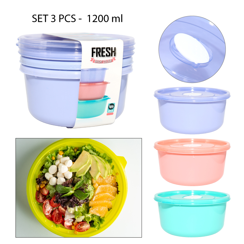 SET DE 3 CONTENEDORES REDONDOS PLÁSTICOS - 1200 ML