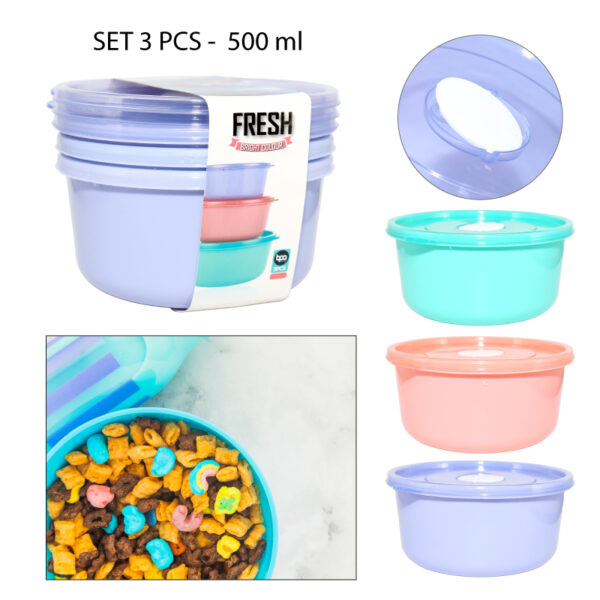 SET DE 3 CONTENEDORES REDONDOS PLÁSTICOS - 500 ML