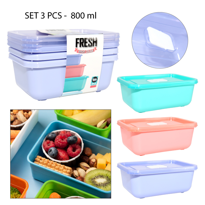 SET DE 3 CONTENEDORES RECTANGULARES PLÁSTICOS - 800 ML