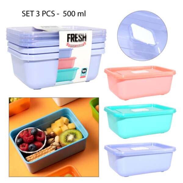 SET DE 3 CONTENEDORES RECTANGULARES PLÁSTICOS - 500 ML