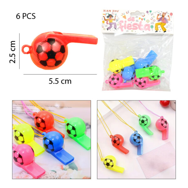 SET 6 SILBATOS PLÁSTICOS DE COLORES - FÚTBOL