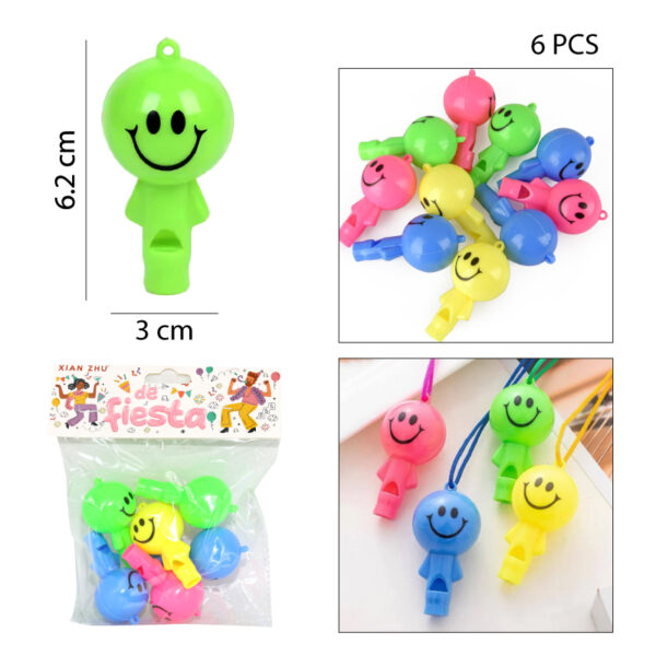 SET 6 SILBATOS PLÁSTICOS DE COLORES - CARITA FELIZ