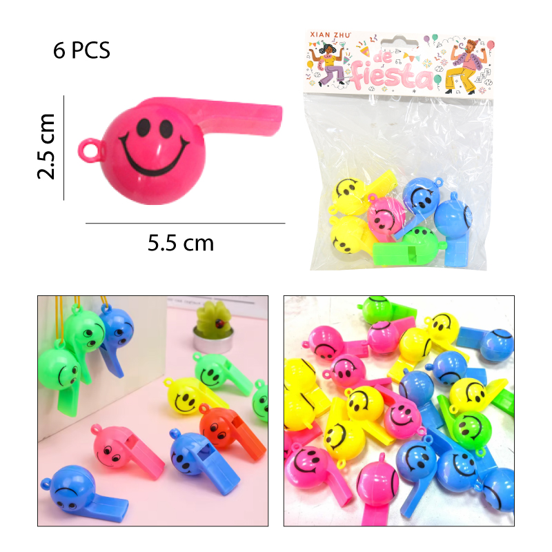 SET 6 SILBATOS PLÁSTICOS DE COLORES - CARITA SONRIENTE