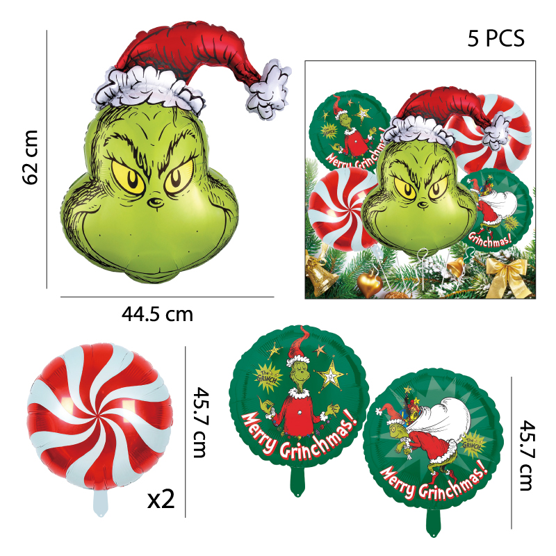 SETS DE 5 GLOBOS, GRINCH NAVIDEÑO