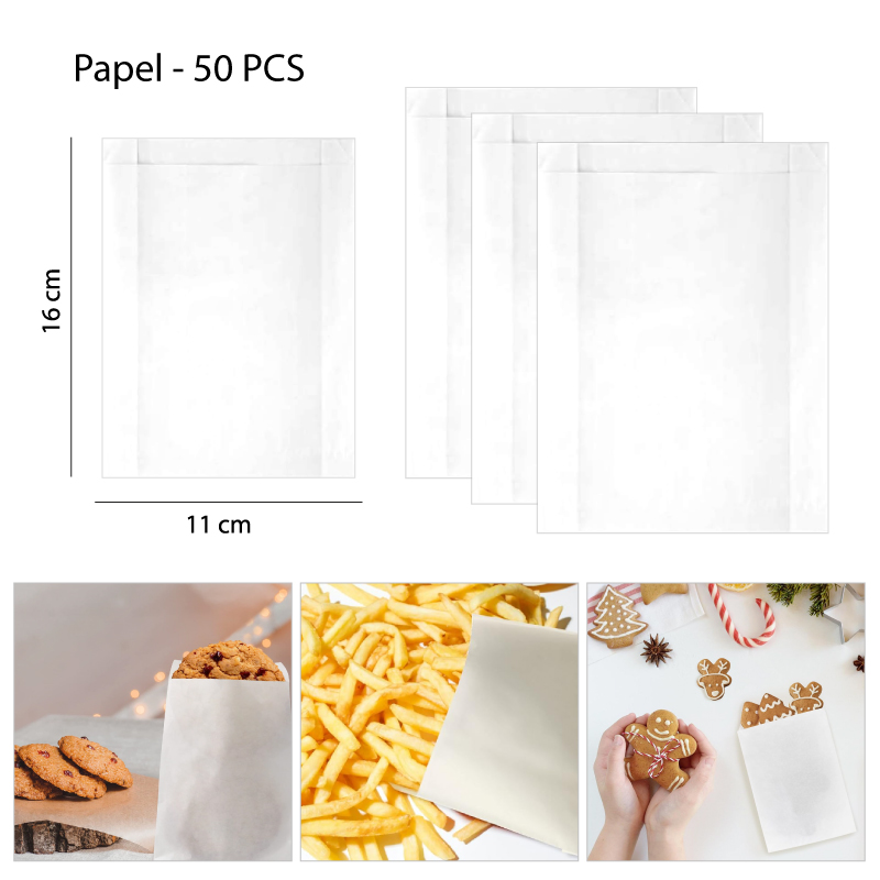 50 SACOS DE PAPEL BLANCO PARA SNACKS - 16 X 11 CM
