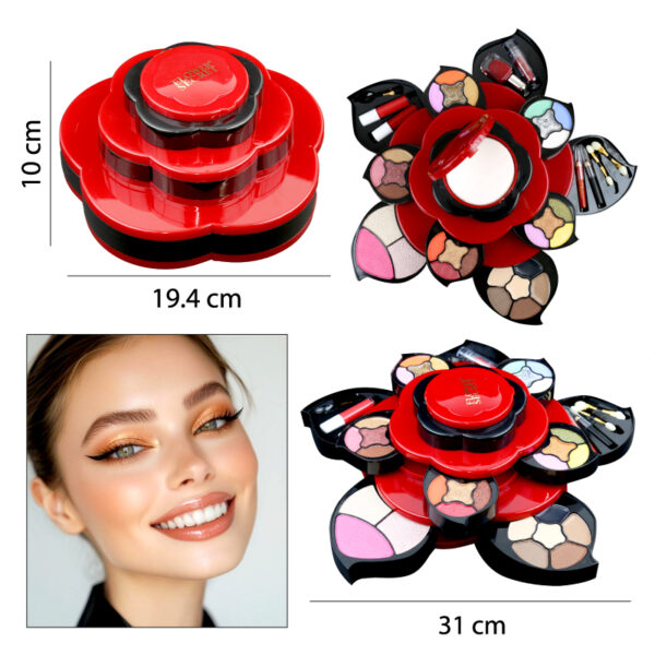 MALETA DE MAQUILLAJE, DISEÑO FLOR CON 38 TONOS Y ACCESORIOS