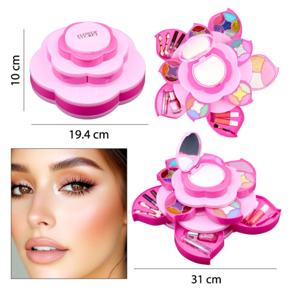MALETA DE MAQUILLAJE DISEÑO FLOR, ROSADA CON 38 TONOS Y ACCESORIOS
