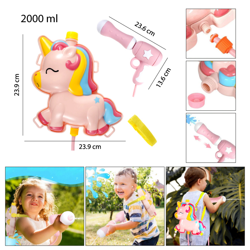 PISTOLA DE AGUA CON MOCHILA, UNICORNIO - 2000 ML