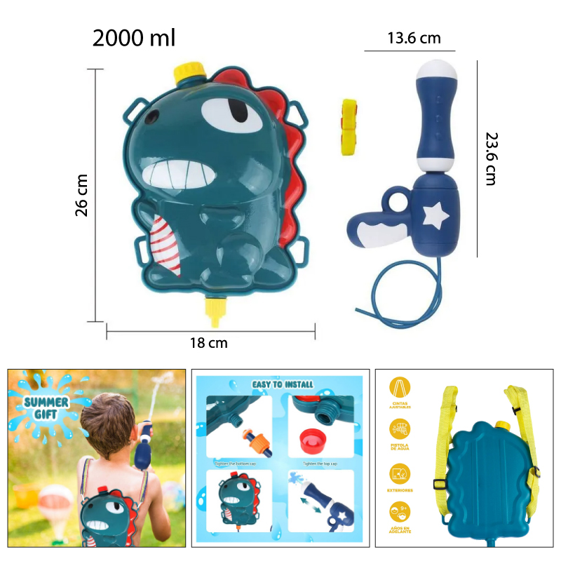 PISTOLA DE AGUA CON MOCHILA, DINOSAURIO - 2000 ML