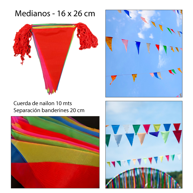 BANDERAS DE COLORES TAMAÑO GRANDE CON CUERDA - 10 MTS