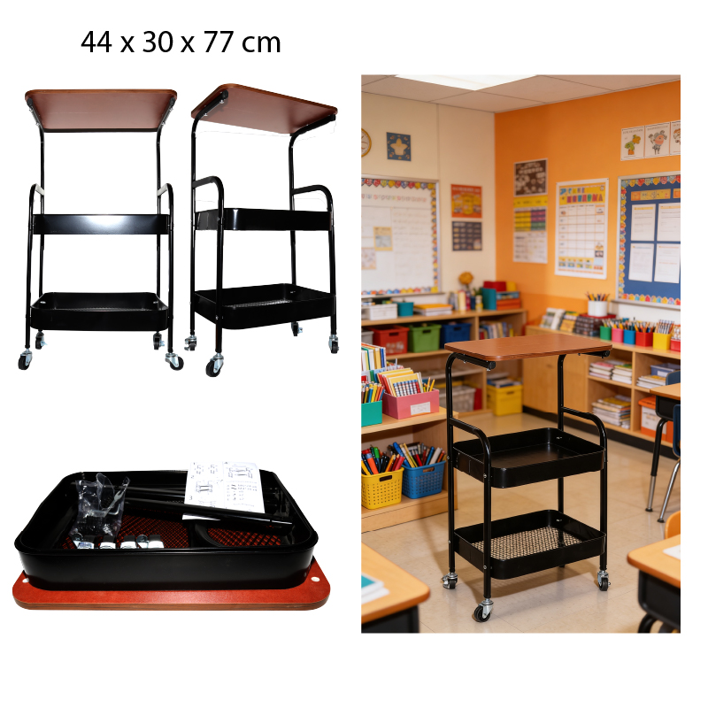 CARRITO ORGANIZADOR NEGRO METALICO CON RUEDAS Y BASE PLANA