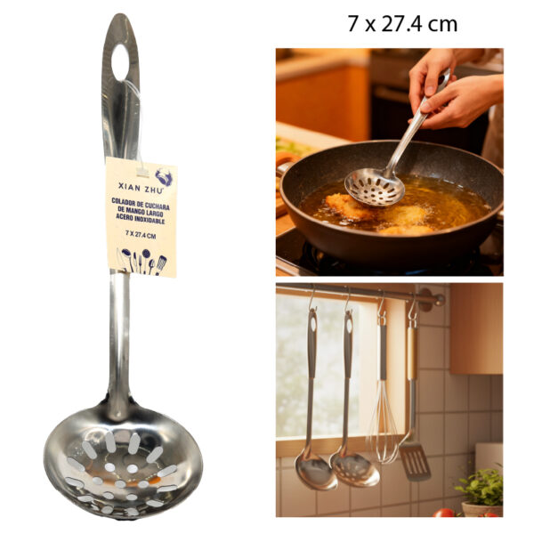 COLADOR DE CUCHARA DE MANGO LARGO ACERO INOXIDABLE - 27.4 X 7 CM