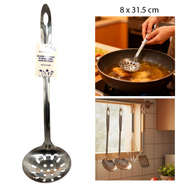 COLADOR DE CUCHARA DE MANGO LARGO ACERO INOXIDABLE - 31.5 X 8 CM