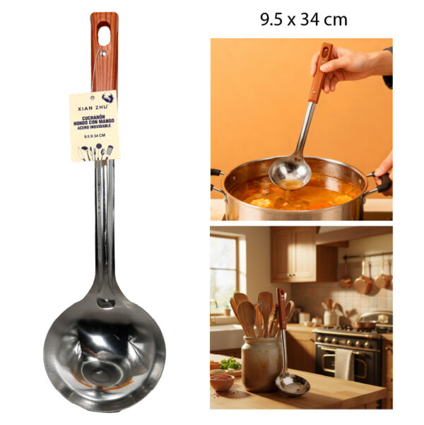 CUCHARÓN HONDO CON MANGO ACERO INOXIDABLE - 34 X 9.5 CM