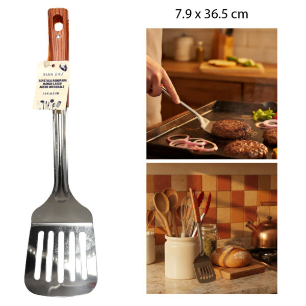 ESPÁTULA RANURADA MANGO LARGO ACERO INOXIDABLE - 36.5 X 7.9 CM