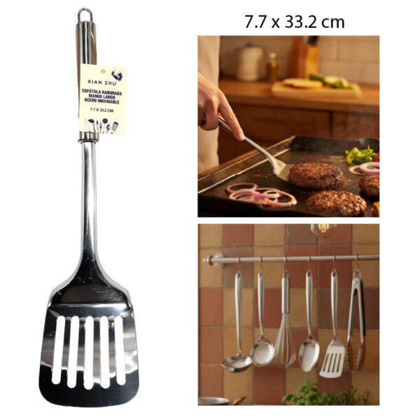 ESPÁTULA RANURADA MANGO LARGO ACERO INOXIDABLE - 33.2 X 7.7 CM