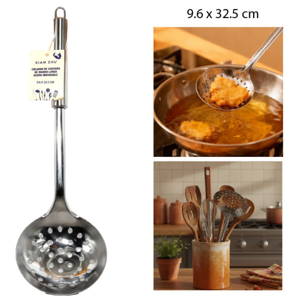 COLADOR DE CUCHARA DE MANGO LARGO ACERO INOXIDABLE - 32.5 X 9.6 CM