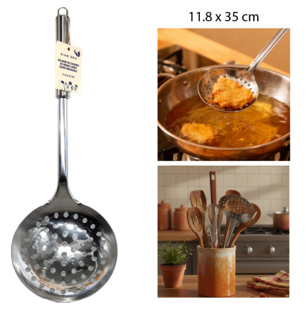 COLADOR DE CUCHARA DE MANGO LARGO ACERO INOXIDABLE - 35 X 11.8 CM